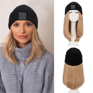 Blonde Hair Extensions with Black Beanie